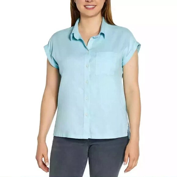Orvis Women's Plus Size 2X Blue Linen Blend Button Short Sleeve Top NWT - Picture 1 of 5